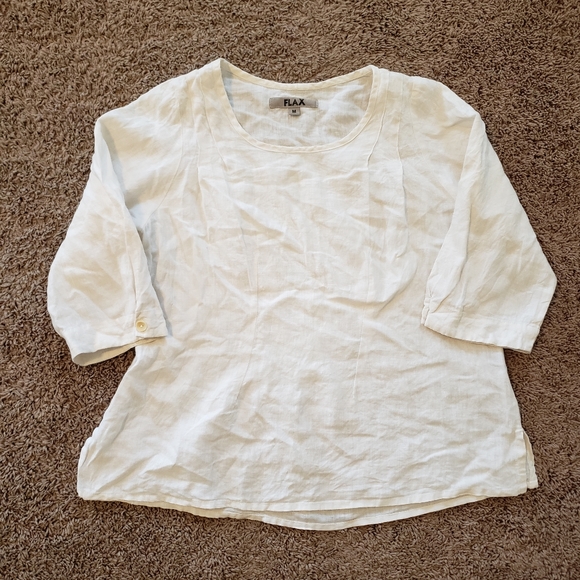 Flax Tops - Flax 100% linen blouse white quarter sleeves M
